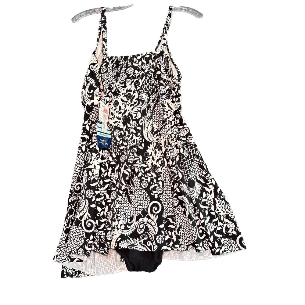 SHAPE SOLVER Swim Bathing Suit Women's 22W Black White Floral One Piece NWT $139